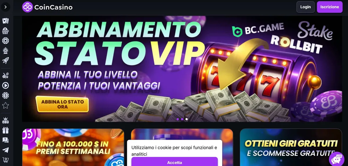 Interfaccia del crypto casino CoinCasino